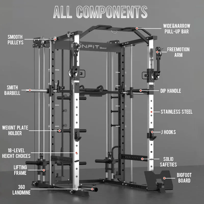 EonfitOmni® E5 11-in-1 Multi-Function Smith Machine with 360° Adjustable Free-Motion Arms Cable Crossover System and Squat Rack for Home Gym
