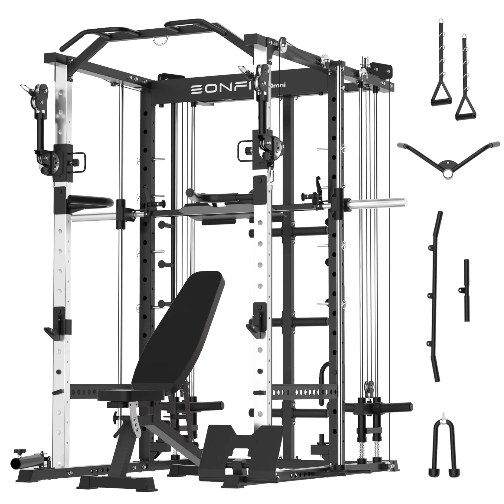 EonfitOmni® E5 11-in-1 Multi-Function Smith Machine with 360° Adjustable Free-Motion Arms Cable Crossover System and Squat Rack for Home Gym