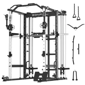 EonfitOmni® E5 11-in-1 Multi-Function Smith Machine with 360° Adjustable Free-Motion Arms Cable Crossover System and Squat Rack for Home Gym