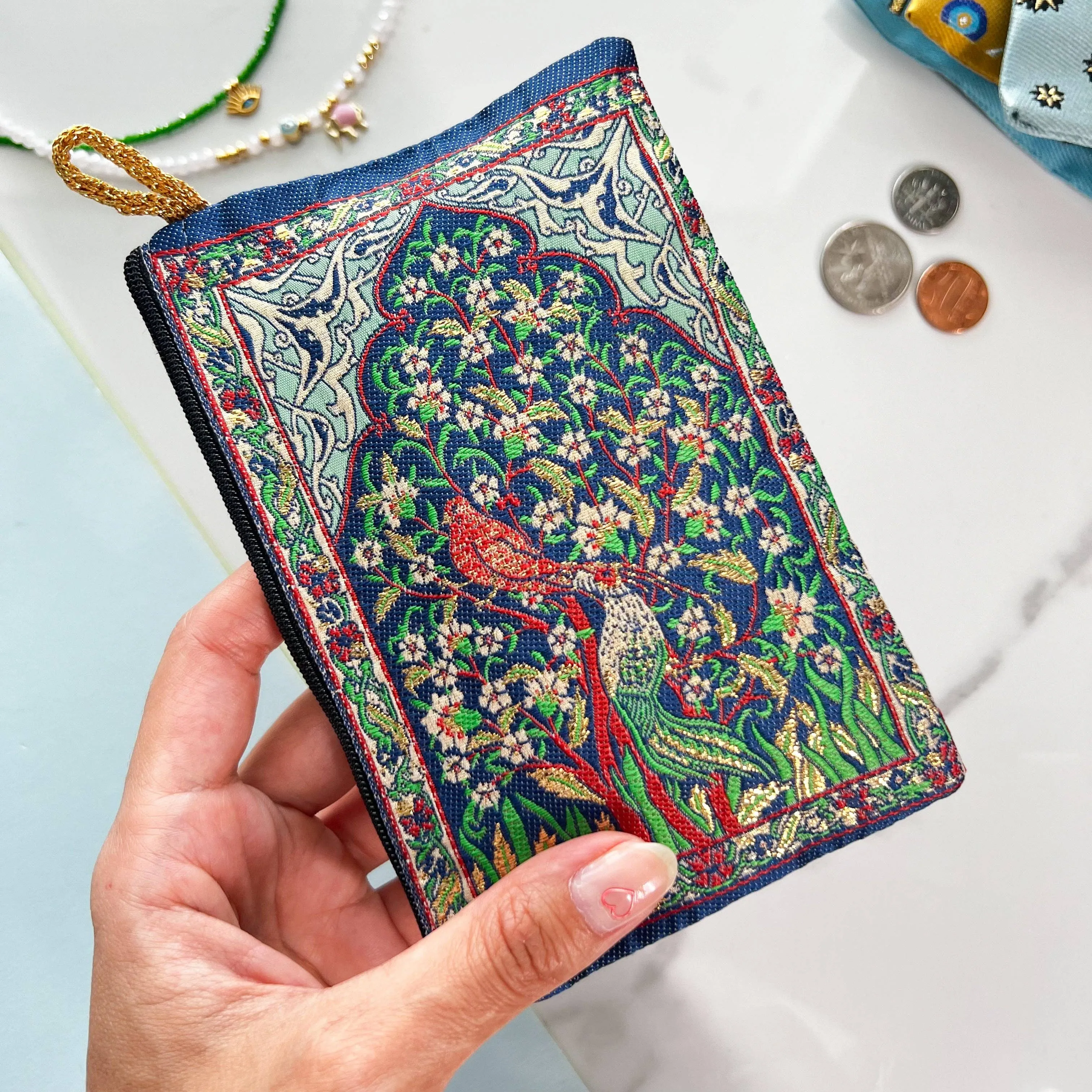 Floral Bird Coin Purse Cute Zipper Pouch Boho | Handmade in Turkey | 4" x 5"