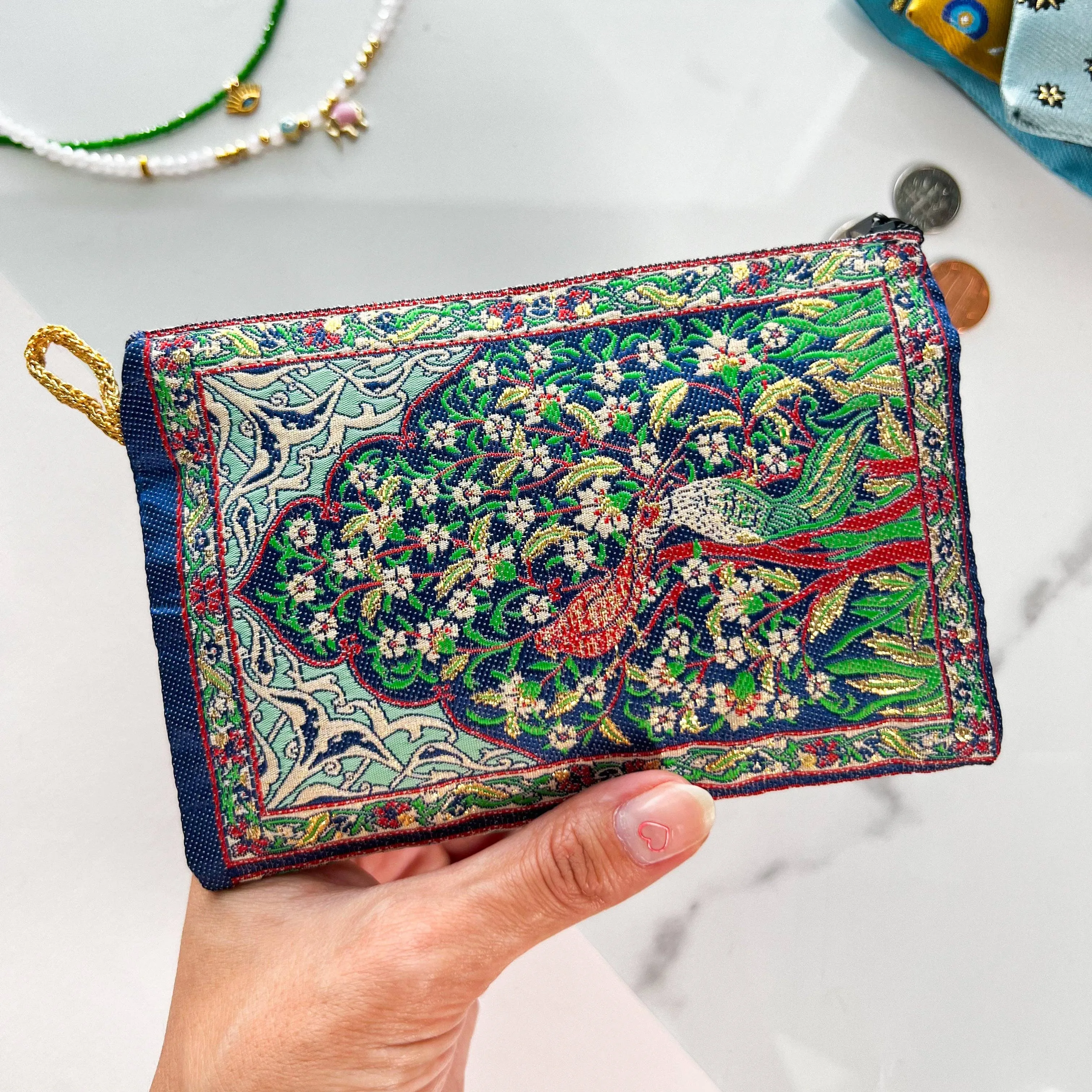 Floral Bird Coin Purse Cute Zipper Pouch Boho | Handmade in Turkey | 4" x 5"