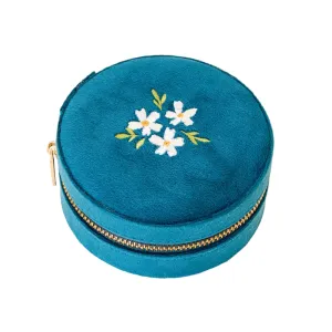 Floral Teal Round Velvet Jewelry Case
