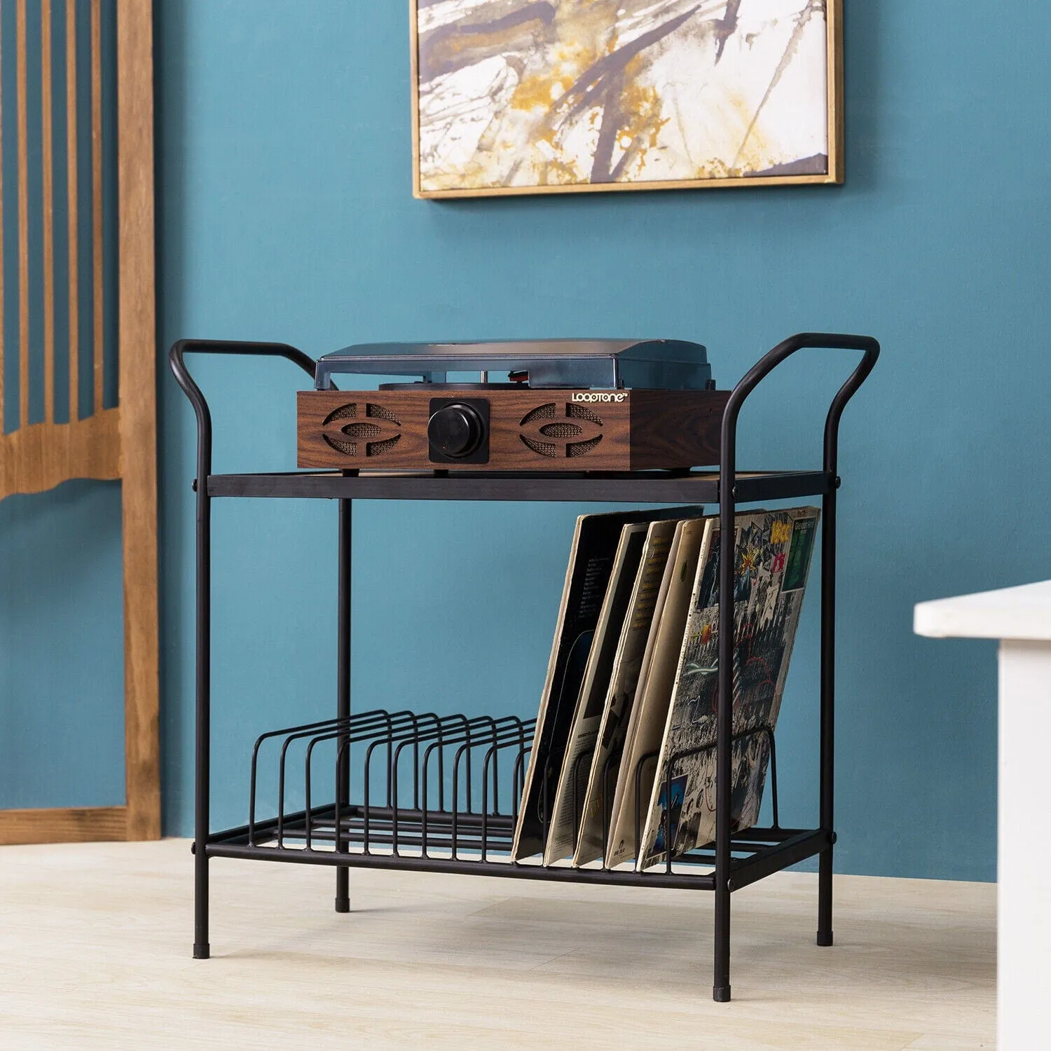 Freestanding Rustic Vinyl Record Player Turntable Storage Rack Stand