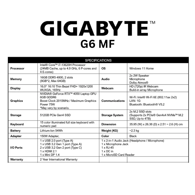 GIGABYTE G6 MF 16" FHD  165hz/ i7-13620H/ RTX 4050/ 512GB SSD/ 16GB DDR5 4800