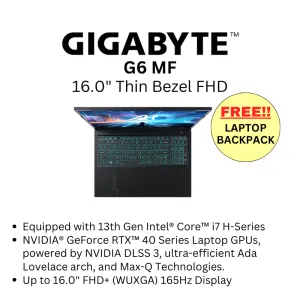 GIGABYTE G6 MF 16" FHD  165hz/ i7-13620H/ RTX 4050/ 512GB SSD/ 16GB DDR5 4800