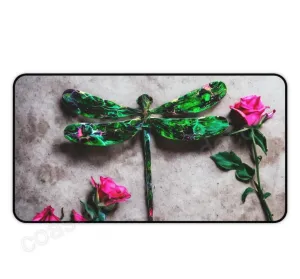 Green Dragonfly with Pink Roses Desk Mat 2 Sizes