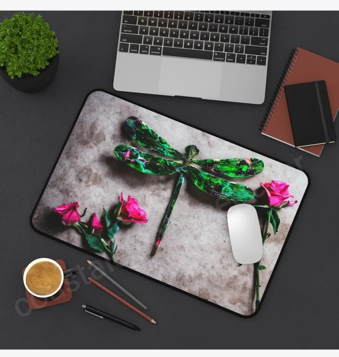 Green Dragonfly with Pink Roses Desk Mat 2 Sizes