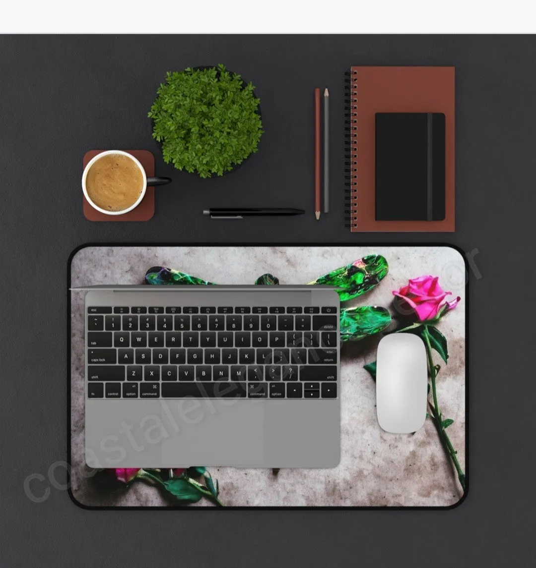 Green Dragonfly with Pink Roses Desk Mat 2 Sizes