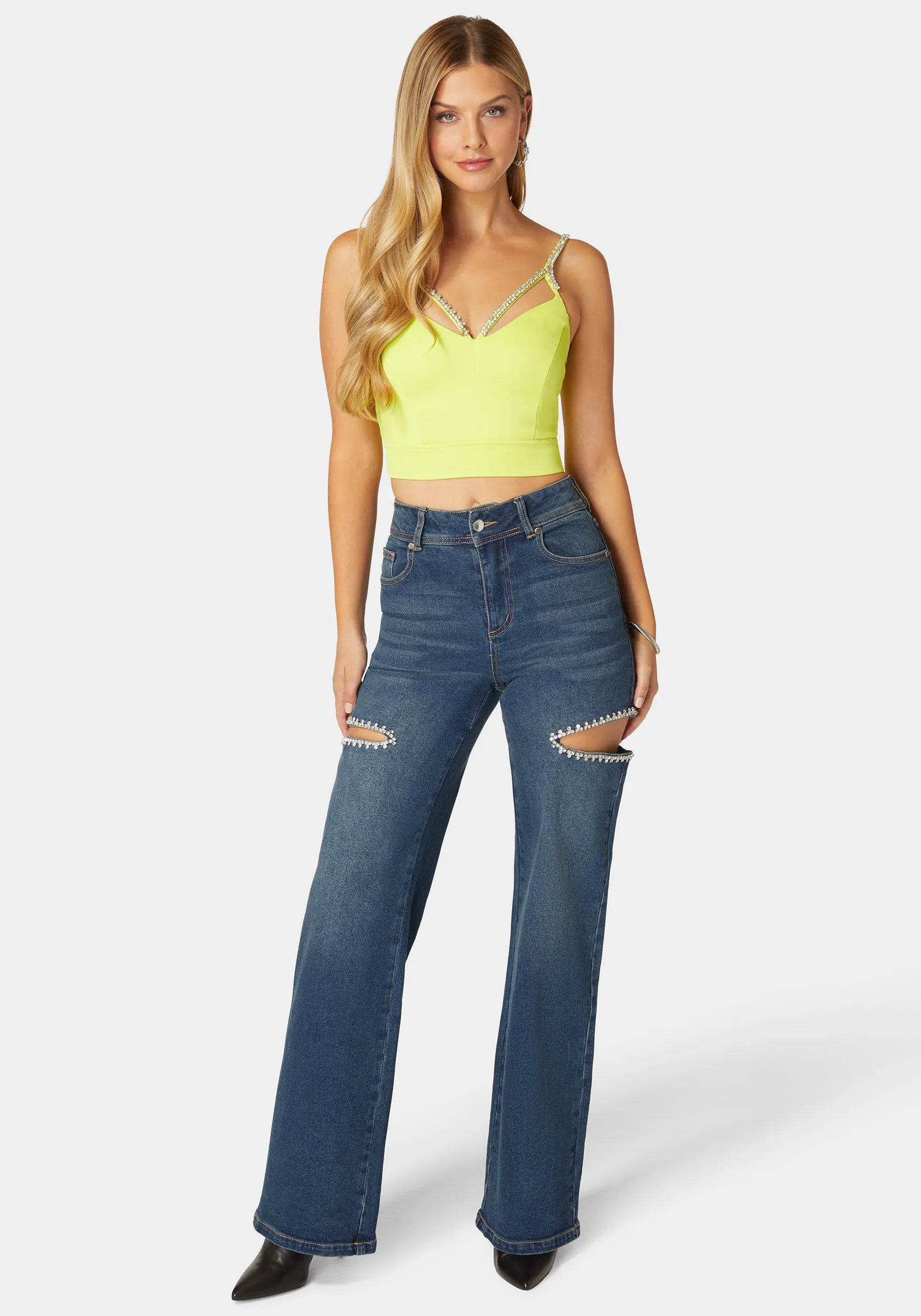 High Waist Studded Cut Out Wide Leg Jean