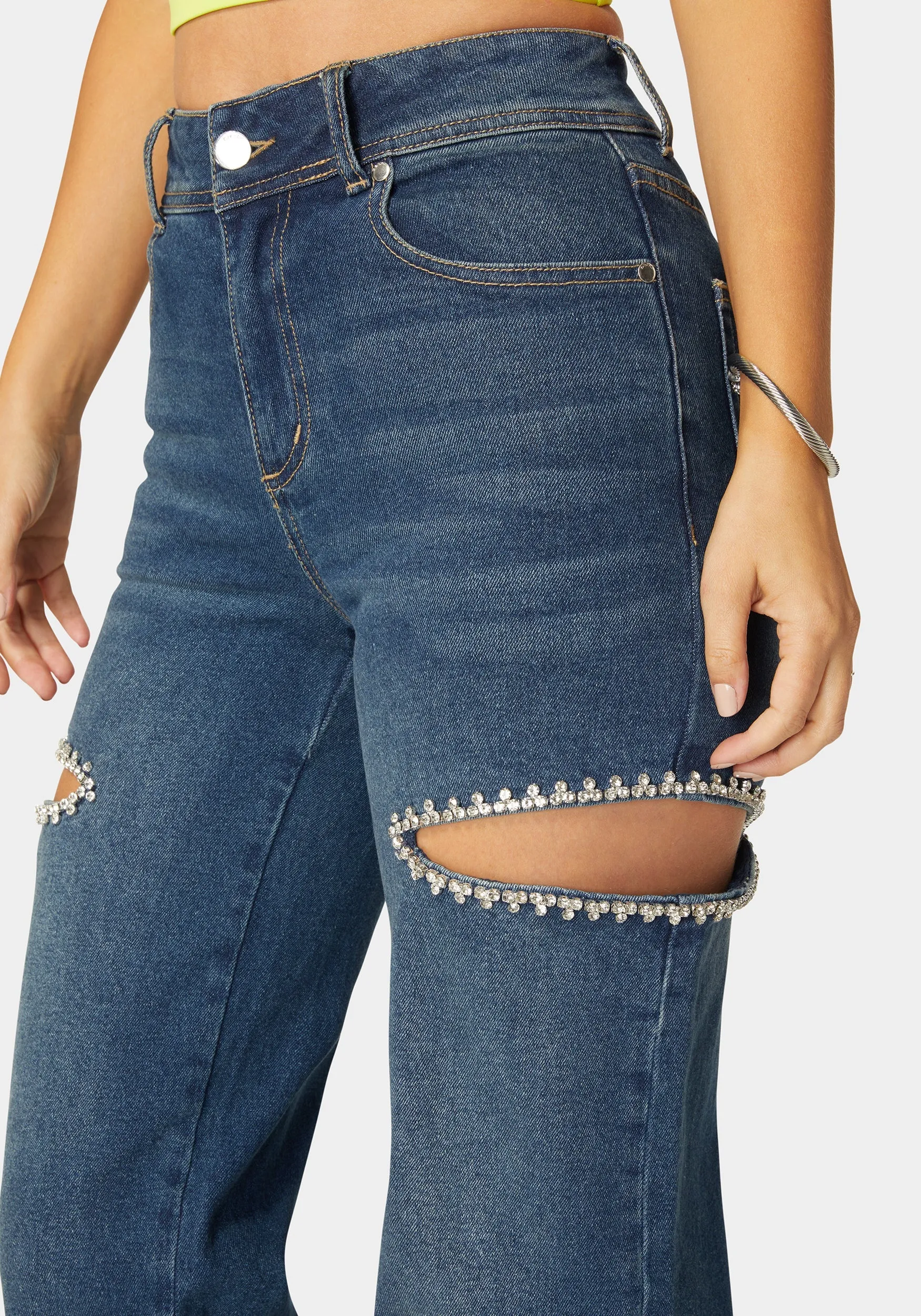 High Waist Studded Cut Out Wide Leg Jean