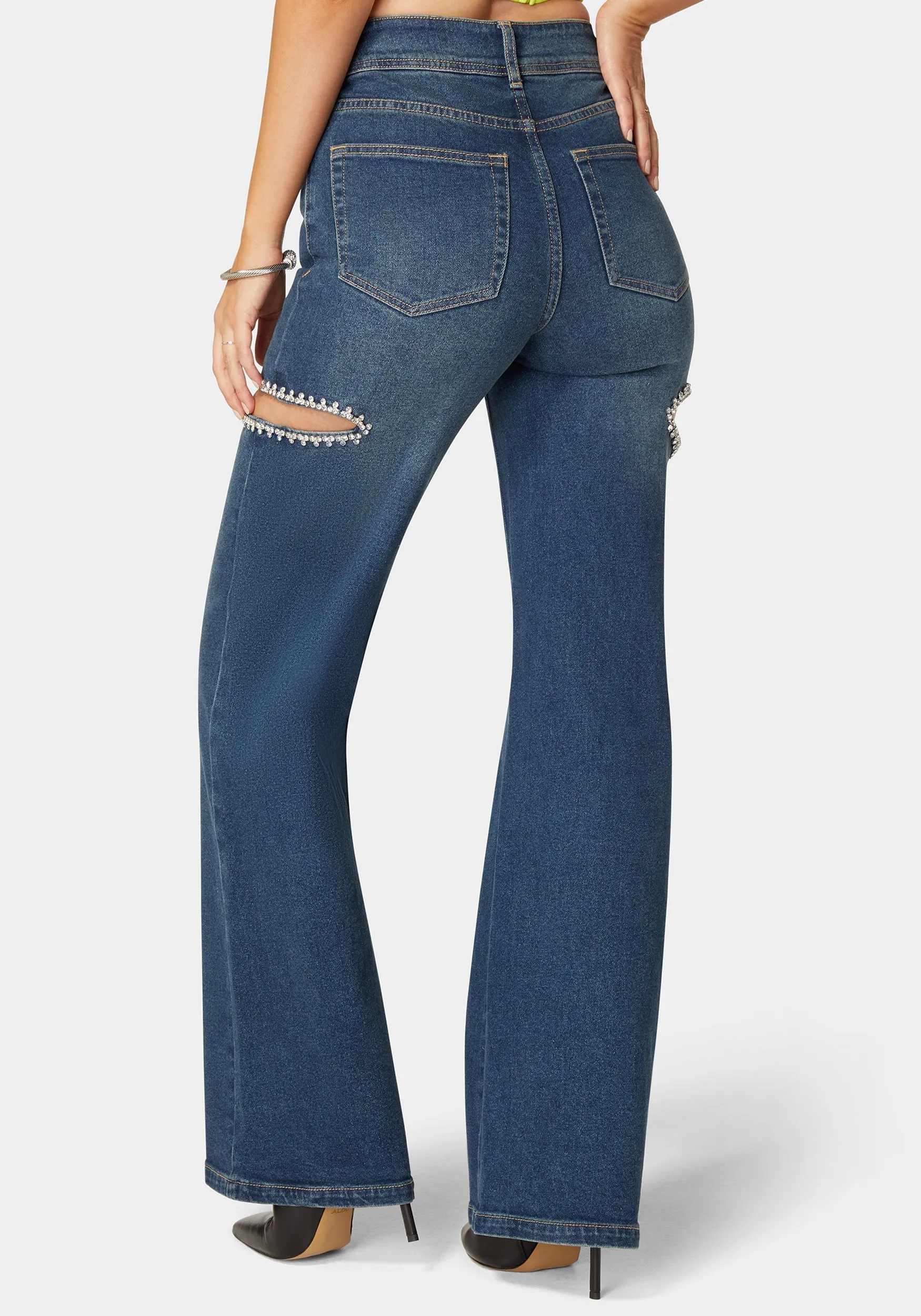 High Waist Studded Cut Out Wide Leg Jean