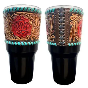 Insulated Black Tumbler with Removable Argentina Cow Leather floral tooled sleeve
