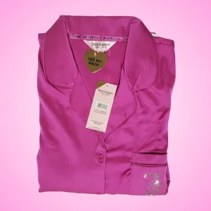 Juicy Couture Satin Pajama Set Short Sleeve Top &amp; Shorts Large Pink Wave Studded