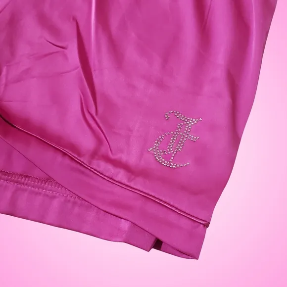 Juicy Couture Satin Pajama Set Short Sleeve Top &amp; Shorts Large Pink Wave Studded