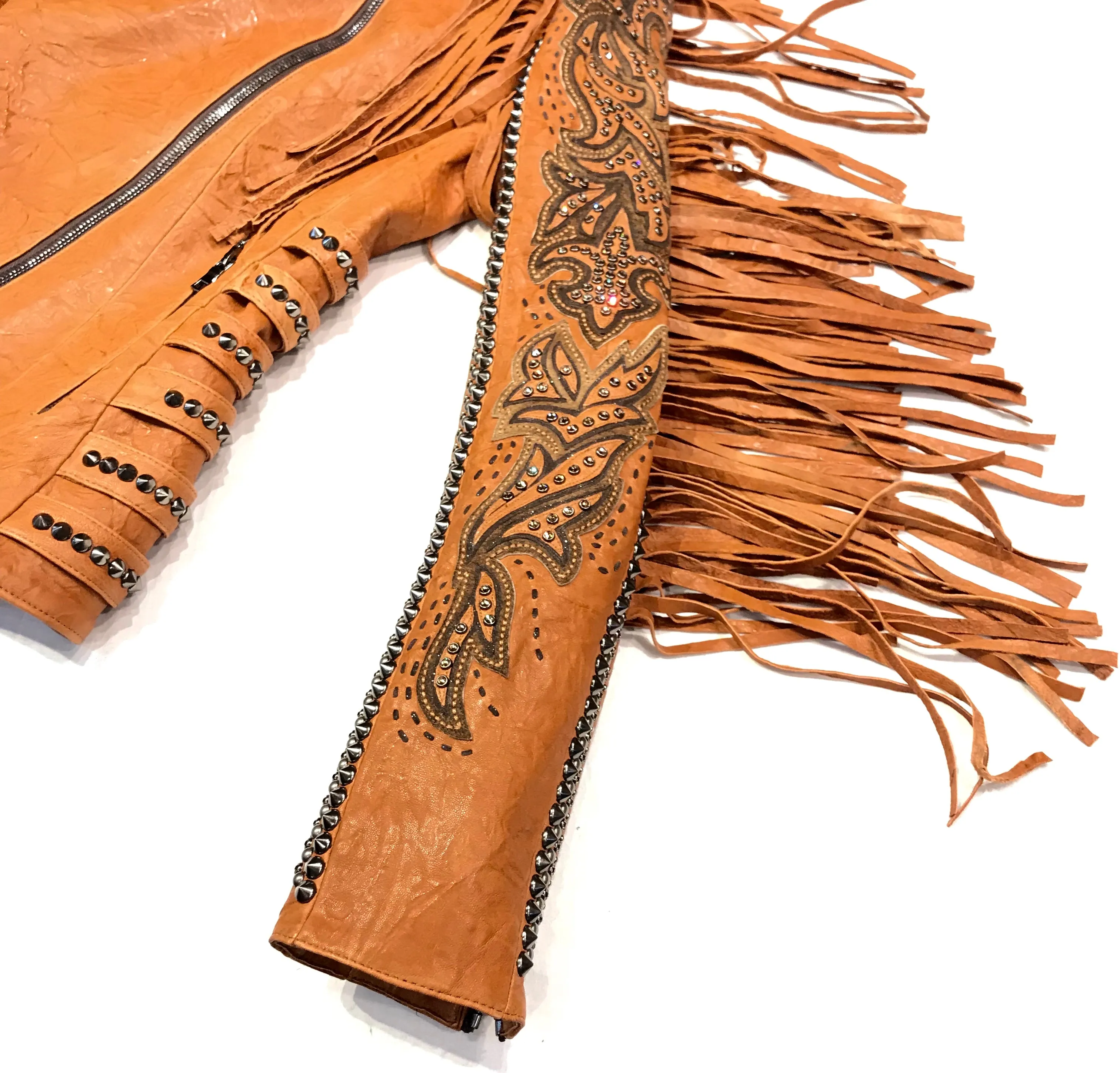 Kashani Cognac Swarovski Crystal Lambskin Studded Fringe Jacket