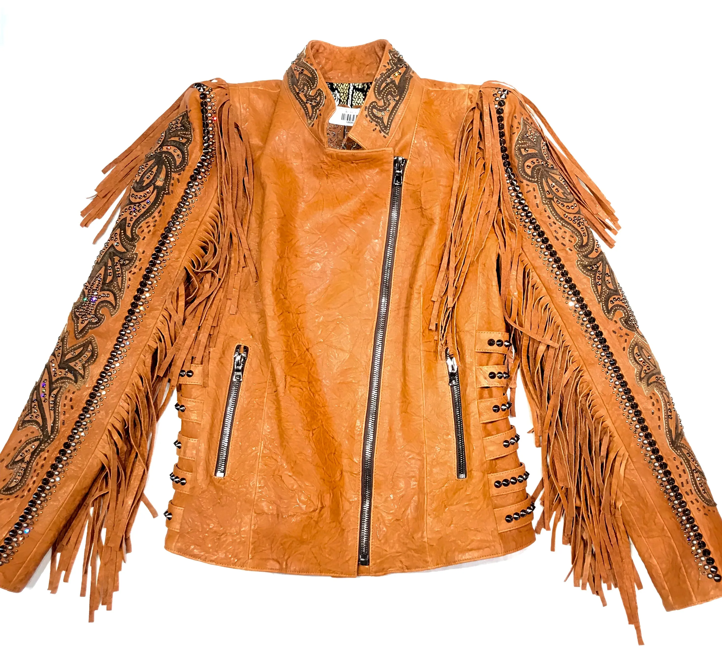 Kashani Cognac Swarovski Crystal Lambskin Studded Fringe Jacket