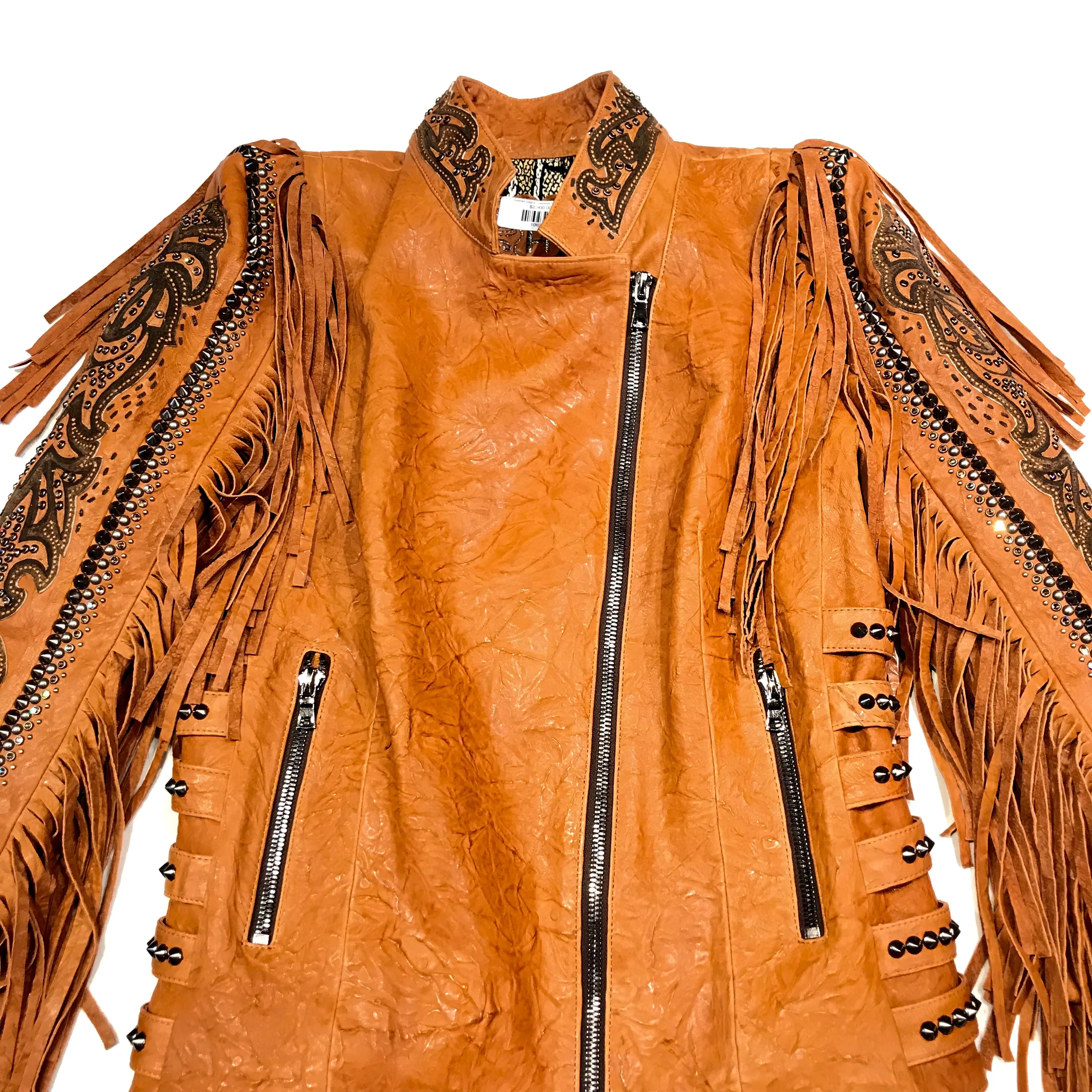 Kashani Cognac Swarovski Crystal Lambskin Studded Fringe Jacket