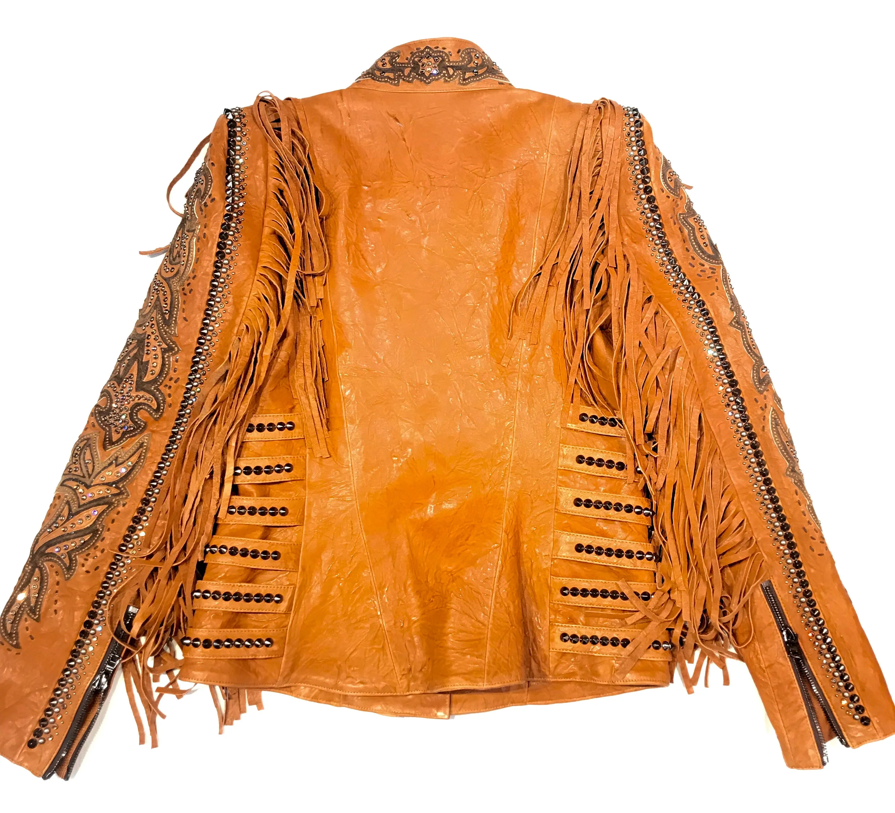 Kashani Cognac Swarovski Crystal Lambskin Studded Fringe Jacket