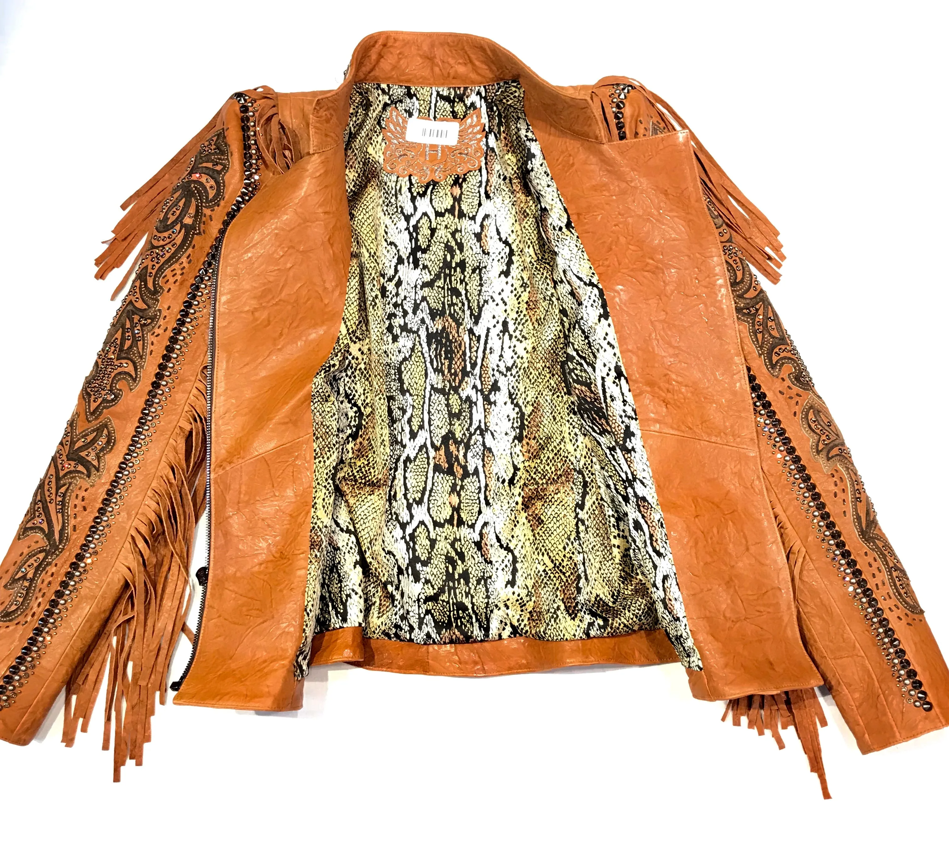 Kashani Cognac Swarovski Crystal Lambskin Studded Fringe Jacket