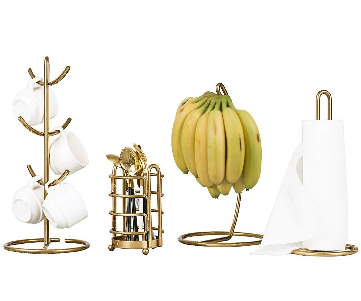 Kitchen Organizer Set-4 Piece, Banana Hanger, Mug Tree Holder Rack, Paper Towel Holder,Flatware Caddy,Kitchen Gifts Modern Collection for Countertop Table Décor
