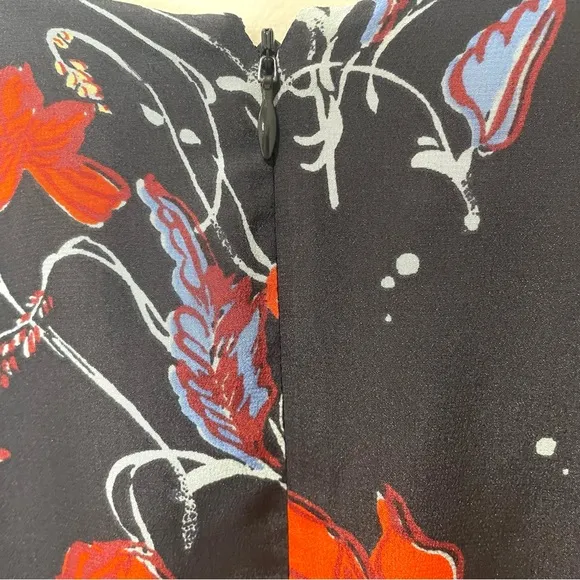 MADEWELL100% Silk 3/4 Sleeve Mini Dress Navy Red Poppies Ruffle Waist NWOT