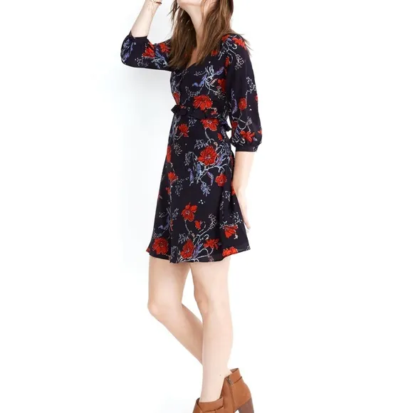 MADEWELL100% Silk 3/4 Sleeve Mini Dress Navy Red Poppies Ruffle Waist NWOT