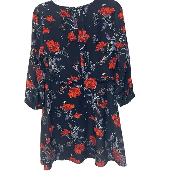 MADEWELL100% Silk 3/4 Sleeve Mini Dress Navy Red Poppies Ruffle Waist NWOT