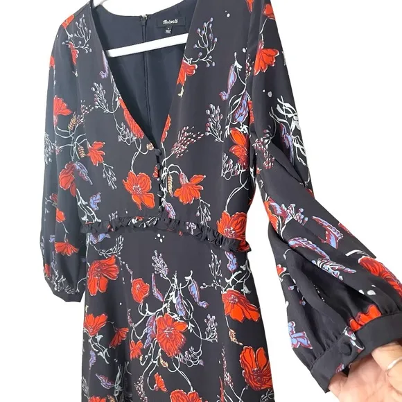 MADEWELL100% Silk 3/4 Sleeve Mini Dress Navy Red Poppies Ruffle Waist NWOT