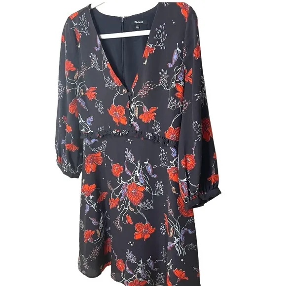 MADEWELL100% Silk 3/4 Sleeve Mini Dress Navy Red Poppies Ruffle Waist NWOT