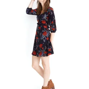 MADEWELL100% Silk 3/4 Sleeve Mini Dress Navy Red Poppies Ruffle Waist NWOT