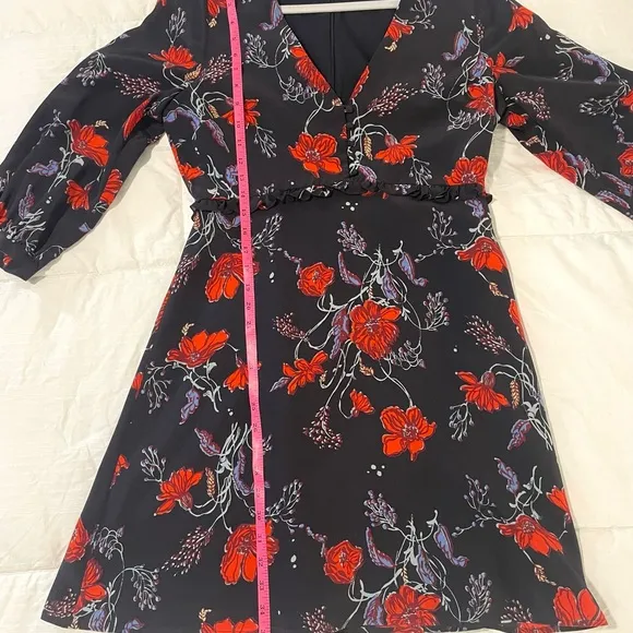 MADEWELL100% Silk 3/4 Sleeve Mini Dress Navy Red Poppies Ruffle Waist NWOT