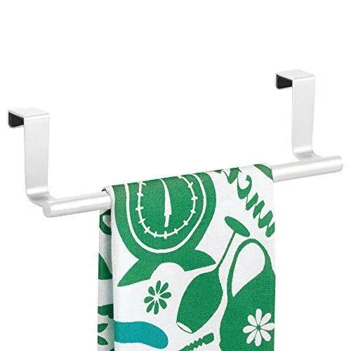 mDesign Decorative Metal Kitchen Over Cabinet Towel Bar - Hang on Inside or Outside of Doors, Storage and Display Rack for Hand, Dish, and Tea Towels - 9" Wide, 2 Pack - Matte White