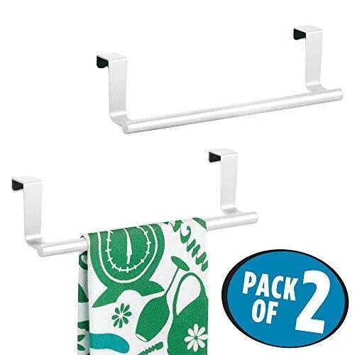 mDesign Decorative Metal Kitchen Over Cabinet Towel Bar - Hang on Inside or Outside of Doors, Storage and Display Rack for Hand, Dish, and Tea Towels - 9" Wide, 2 Pack - Matte White