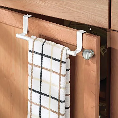 mDesign Decorative Metal Kitchen Over Cabinet Towel Bar - Hang on Inside or Outside of Doors, Storage and Display Rack for Hand, Dish, and Tea Towels - 9" Wide, 2 Pack - Matte White