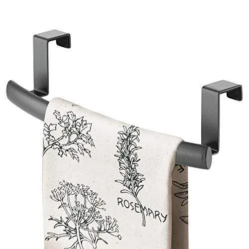 mDesign Modern Metal Kitchen Storage Over Cabinet Curved Towel Bar - Hang on Inside or Outside of Doors, Organize and Hang Hand, Dish, and Tea Towels - 9.7" Wide, 2 Pack - Graphite Gray