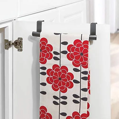 mDesign Modern Metal Kitchen Storage Over Cabinet Curved Towel Bar - Hang on Inside or Outside of Doors, Organize and Hang Hand, Dish, and Tea Towels - 9.7" Wide, 2 Pack - Graphite Gray