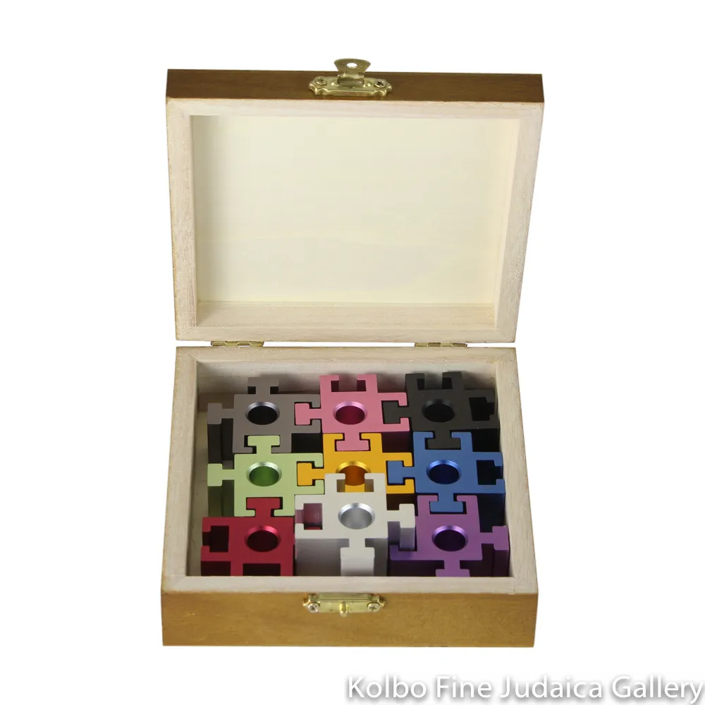 Menorah, Traveling Puzzle Piece, Multicolor Rainbow, Anodized Aluminum