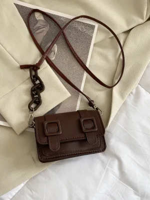 Mini Buckle Detail Stitch Detail Square Bag - Brown- FD ⚡