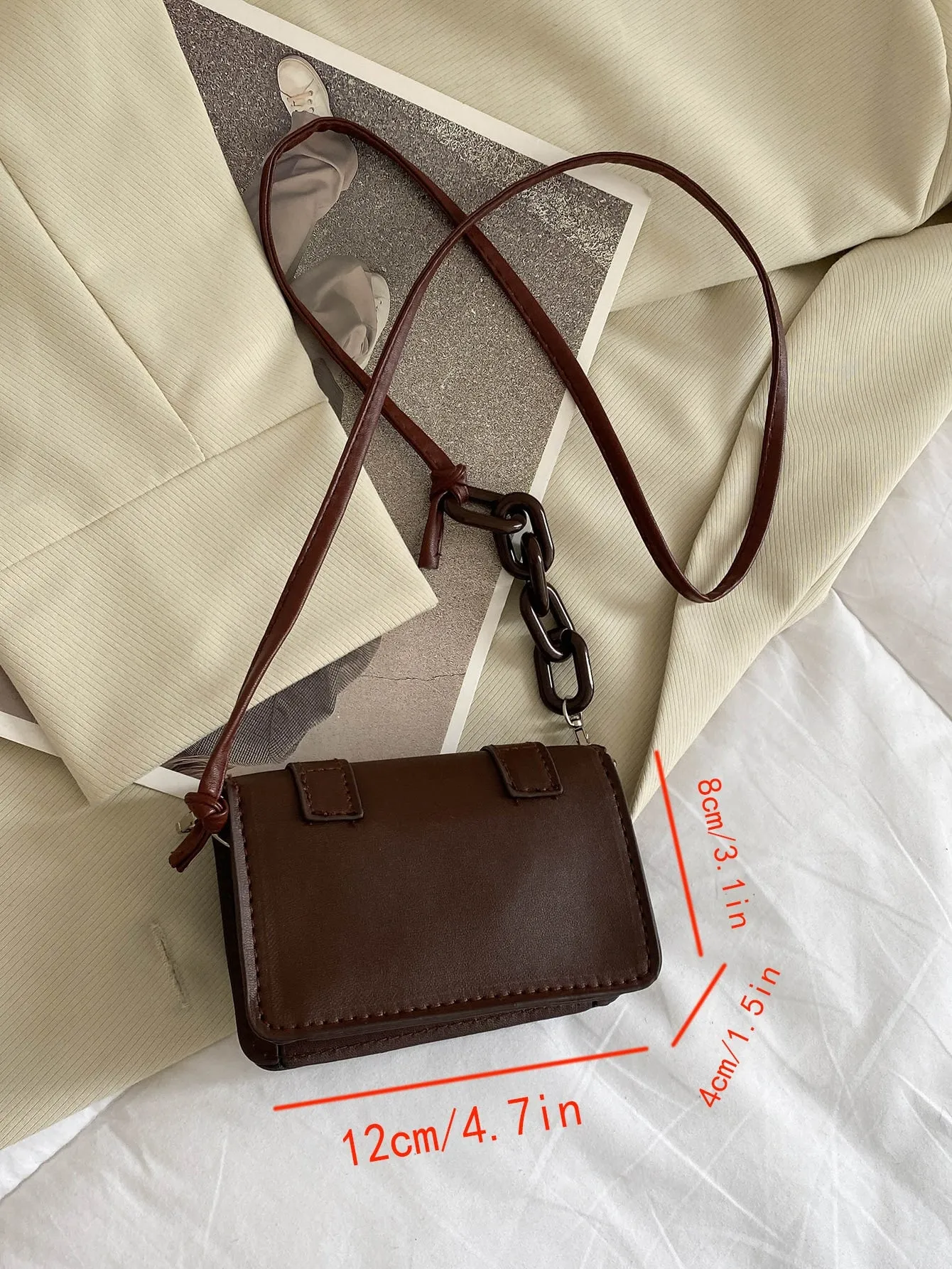 Mini Buckle Detail Stitch Detail Square Bag - Brown- FD ⚡
