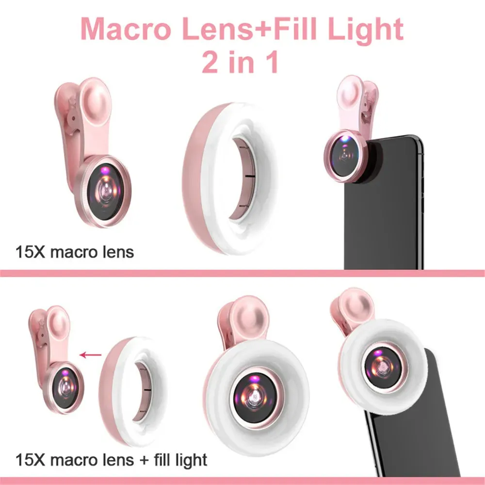 Mobile Lens -15X Macro Lens with LED Ring Flash Light - 2 in 1 HD Camera Lens for Smartphone Selfie Live Lamp Fill Light