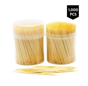 NatureCore Bamboo Wooden Toothpicks - 1000 Pieces, Sturdy Safe Round Clear Non-Fragile Storage, 2 Packs of 500 Pcs, Party Catering Appetizer Fruit Cocktail Dessert Barbecue Art Craft Teeth Cleaning
