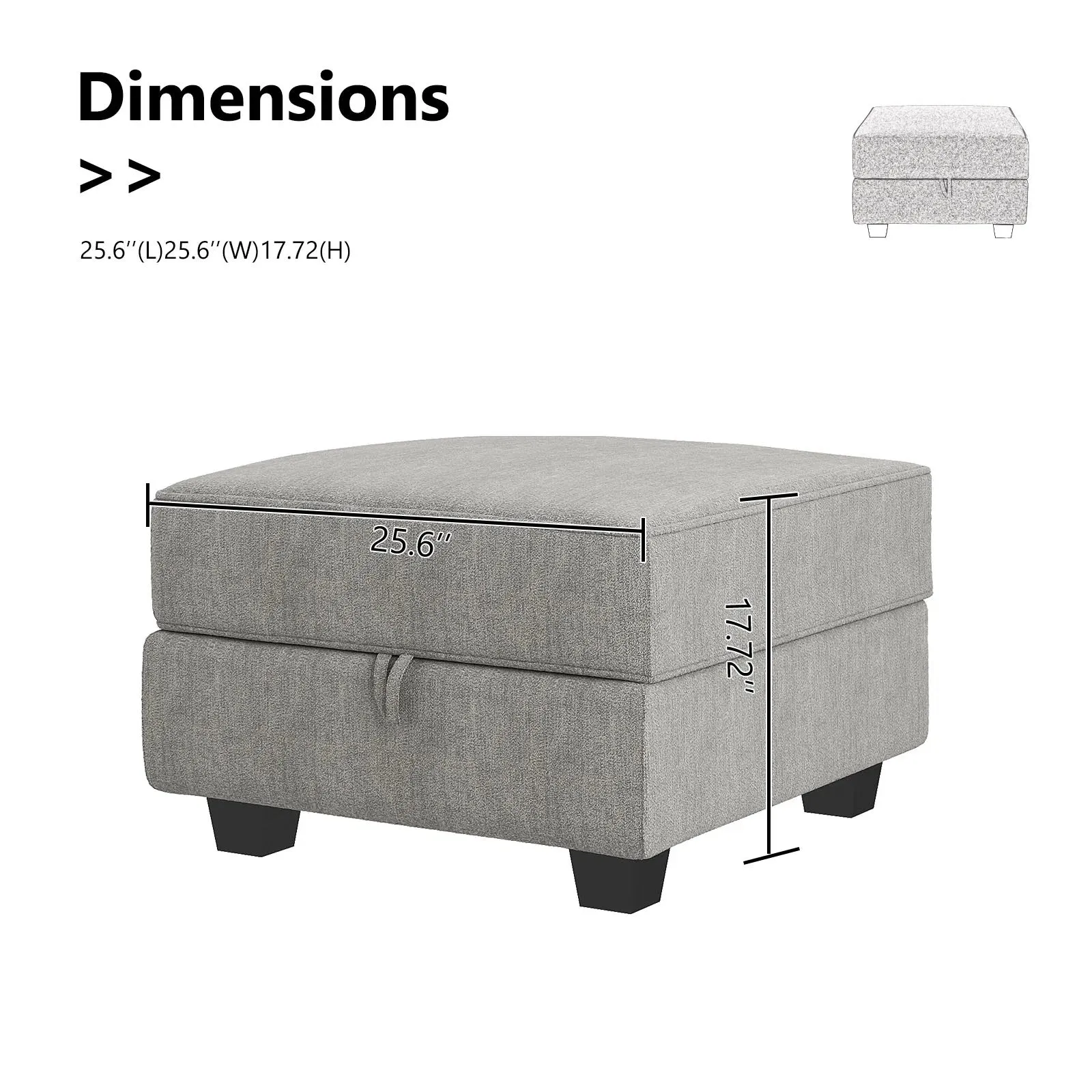 New 25.6" Wide Square Standard Ottoman with Storage in Grey, we have 2 matching storage chairs on auction right now with same fabric, same colour! Retails $265 