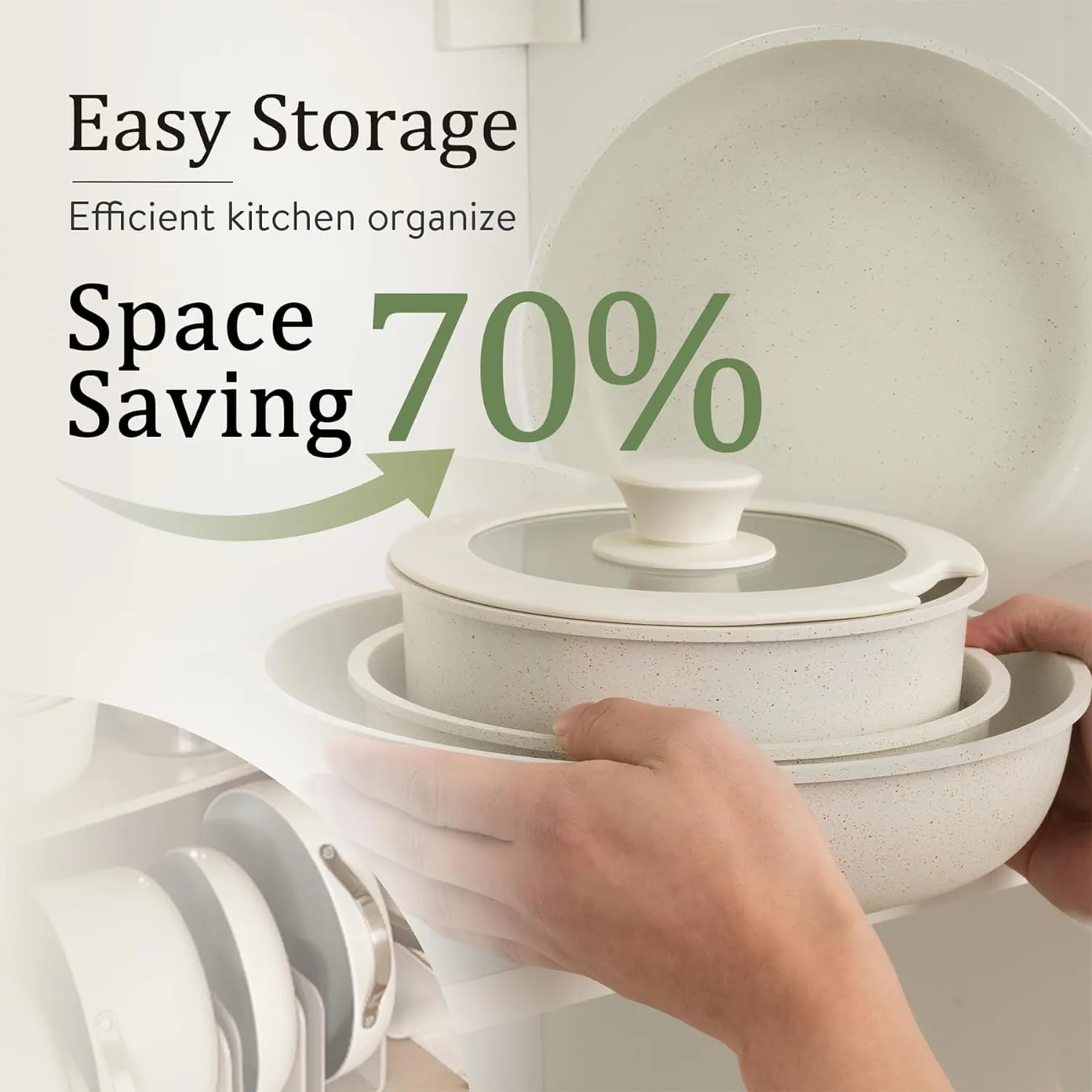 NEW CAROTE 11pcs Pots and Pans Set, Die Casting Nonstick Cookware Detachable/Removable Handle, Induction Kitchen Set, Oven Safe, Cream White, Stackable Space Saving Design! Retails $160 