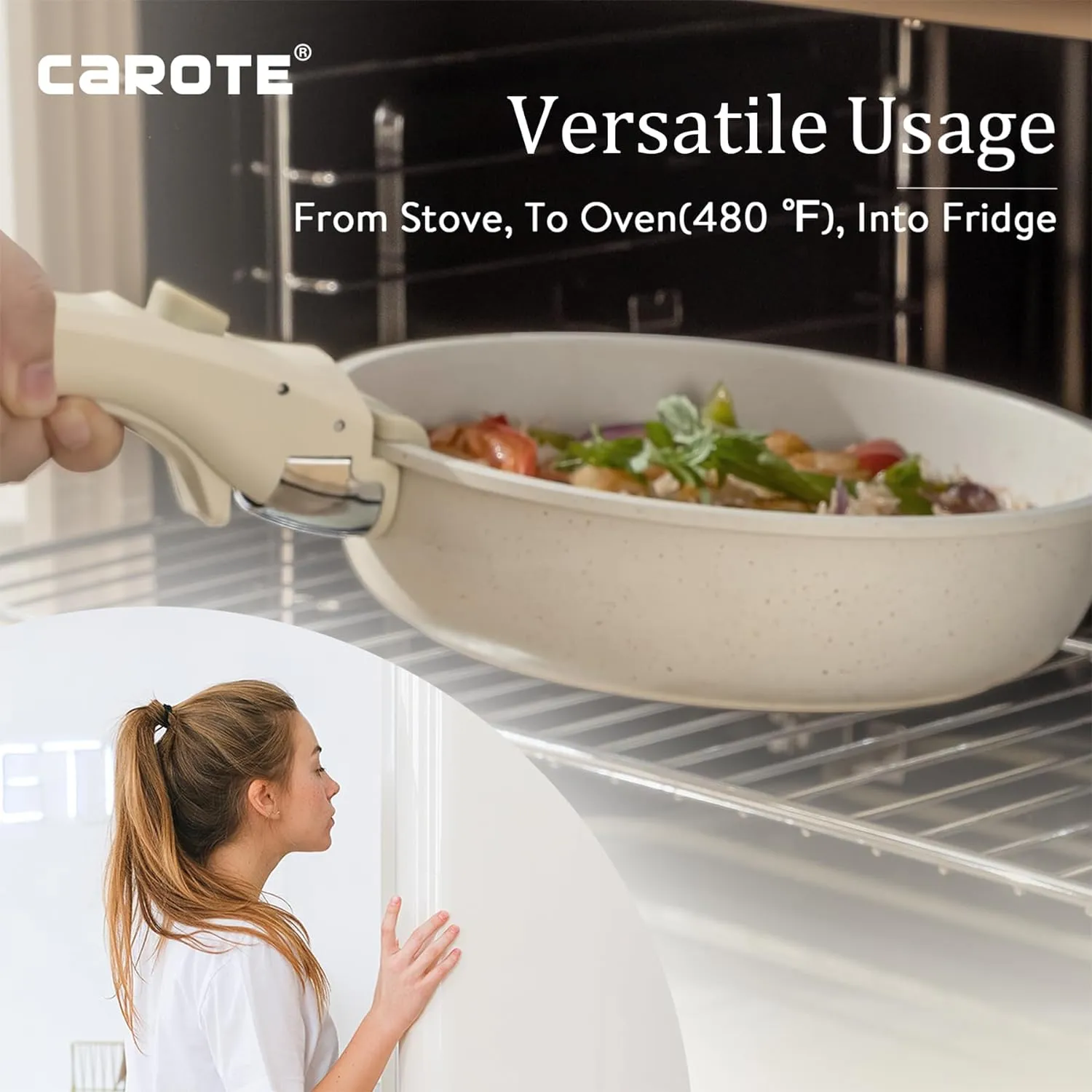 NEW CAROTE 11pcs Pots and Pans Set, Die Casting Nonstick Cookware Detachable/Removable Handle, Induction Kitchen Set, Oven Safe, Cream White, Stackable Space Saving Design! Retails $160 