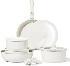 NEW CAROTE 11pcs Pots and Pans Set, Die Casting Nonstick Cookware Detachable/Removable Handle, Induction Kitchen Set, Oven Safe, Cream White, Stackable Space Saving Design! Retails $160 