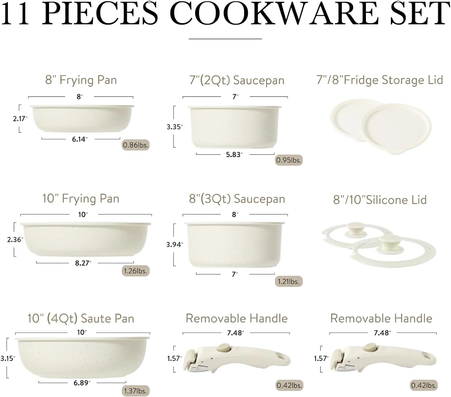 NEW CAROTE 11pcs Pots and Pans Set, Die Casting Nonstick Cookware Detachable/Removable Handle, Induction Kitchen Set, Oven Safe, Cream White, Stackable Space Saving Design! Retails $160 