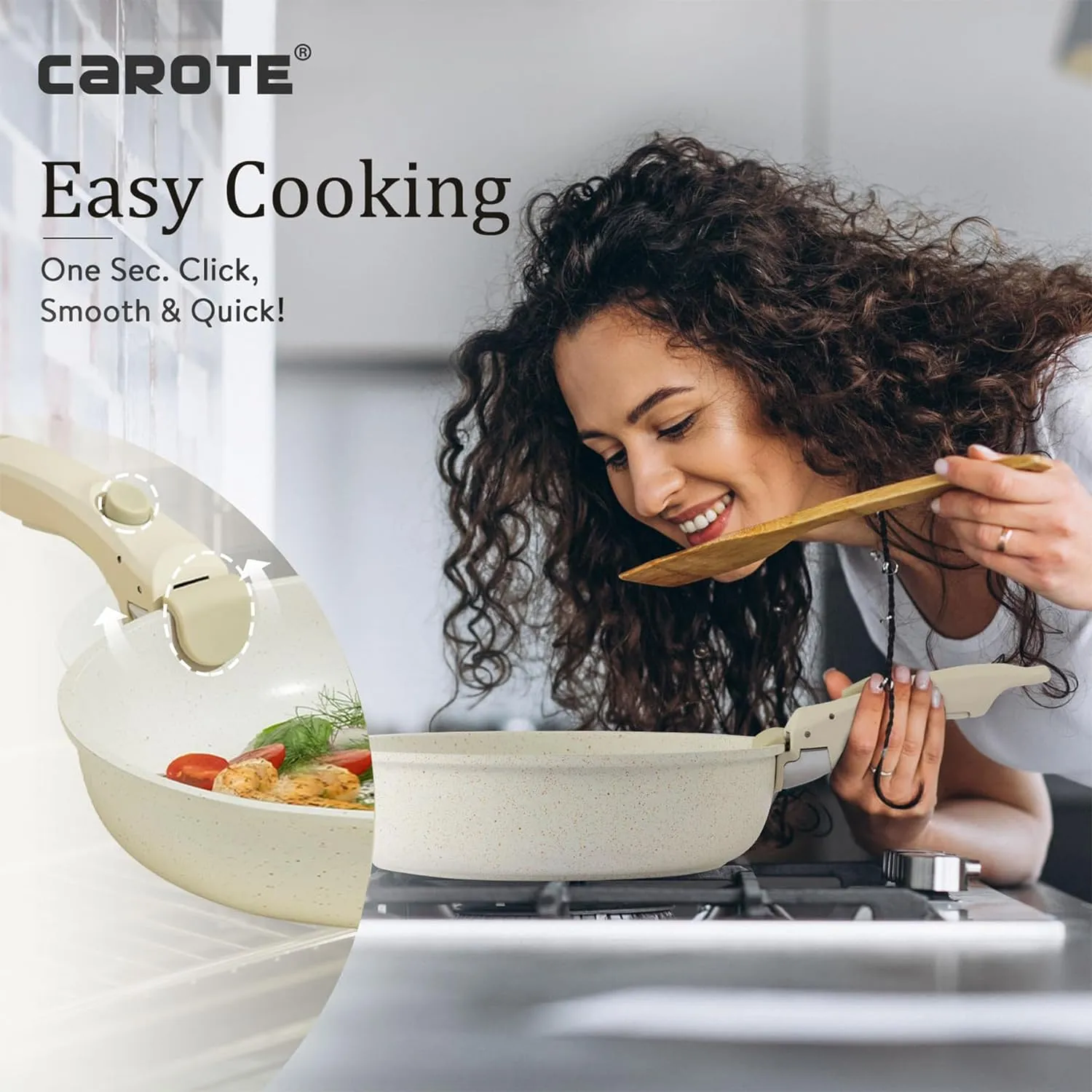 NEW CAROTE 11pcs Pots and Pans Set, Die Casting Nonstick Cookware Detachable/Removable Handle, Induction Kitchen Set, Oven Safe, Cream White, Stackable Space Saving Design! Retails $160 
