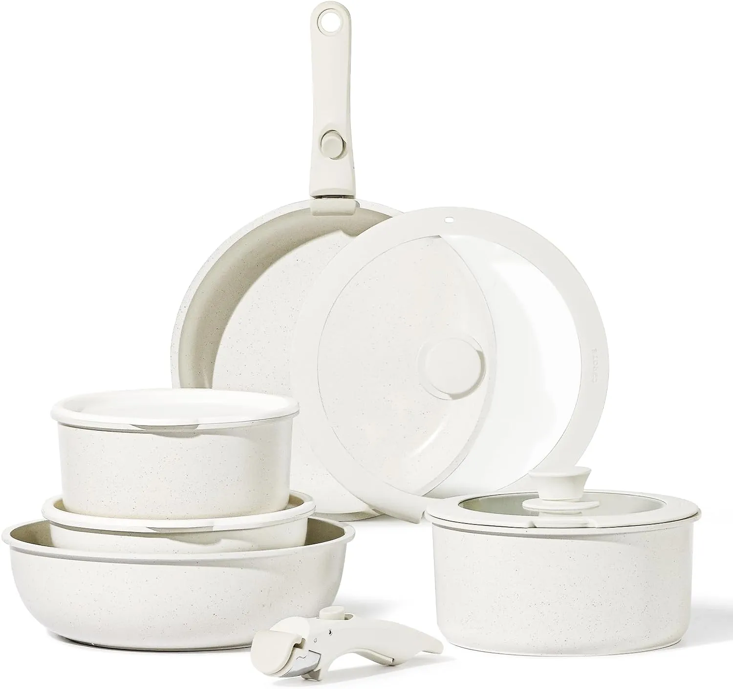 NEW CAROTE 11pcs Pots and Pans Set, Die Casting Nonstick Cookware Detachable/Removable Handle, Induction Kitchen Set, Oven Safe, Cream White, Stackable Space Saving Design! Retails $160 
