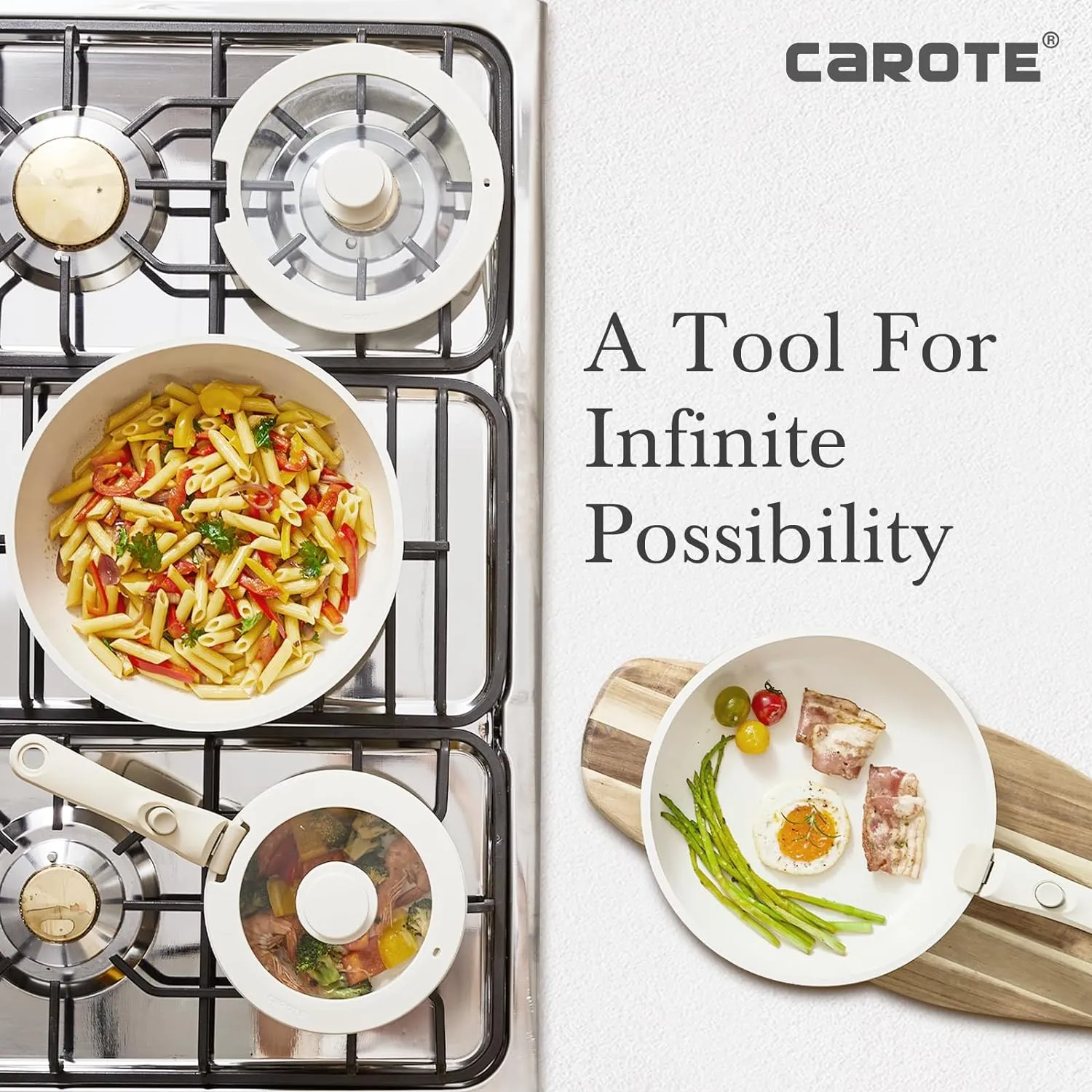 NEW CAROTE 11pcs Pots and Pans Set, Die Casting Nonstick Cookware Detachable/Removable Handle, Induction Kitchen Set, Oven Safe, Cream White, Stackable Space Saving Design! Retails $160 