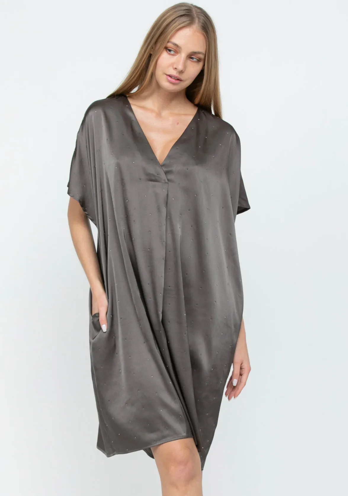 Olivia Satin Dress with Rhinestones & Pockets